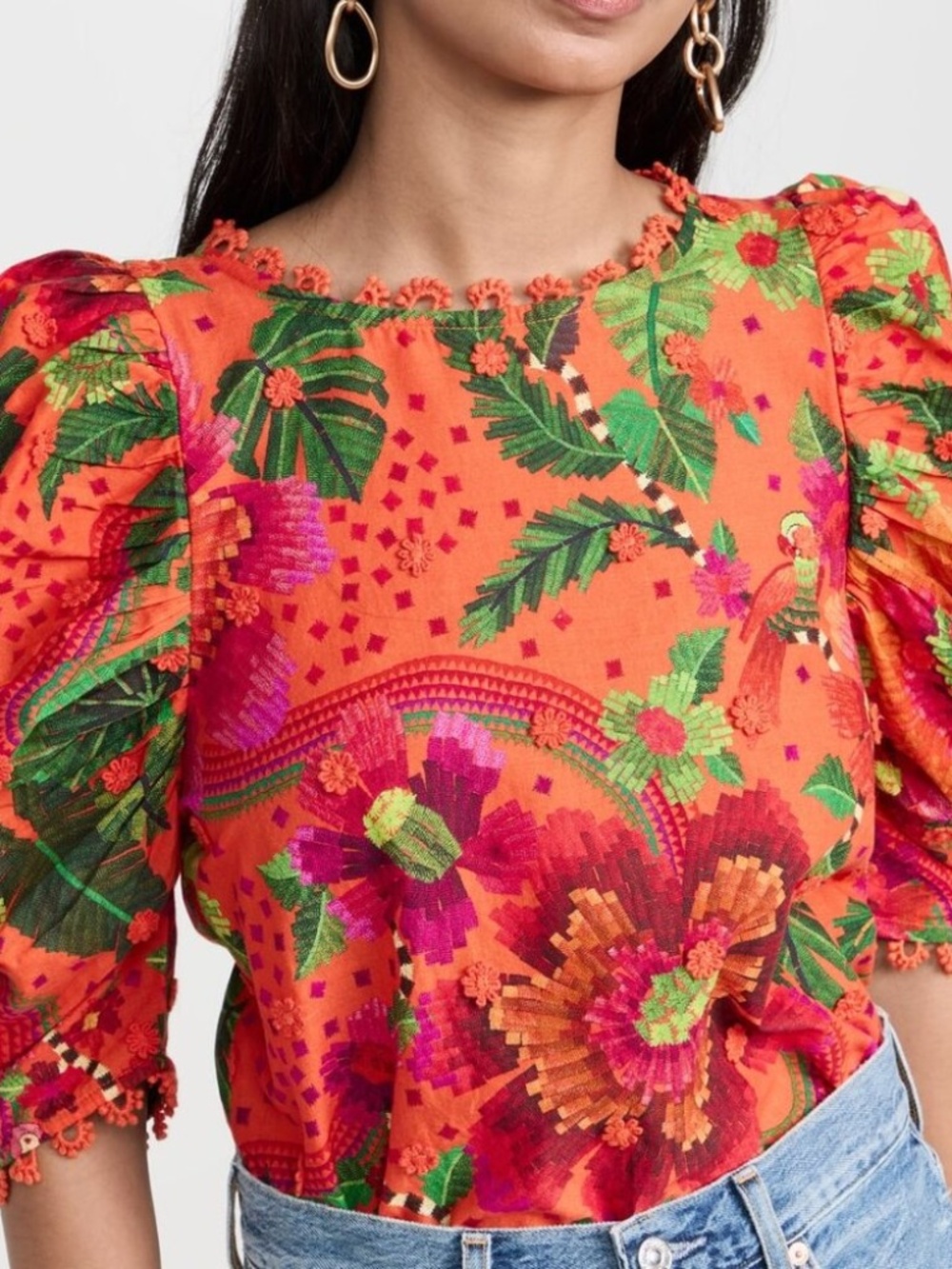 Farm Rio Blooming Garden Puff-Sleeve Top in Orange M - Picture 9 of 11